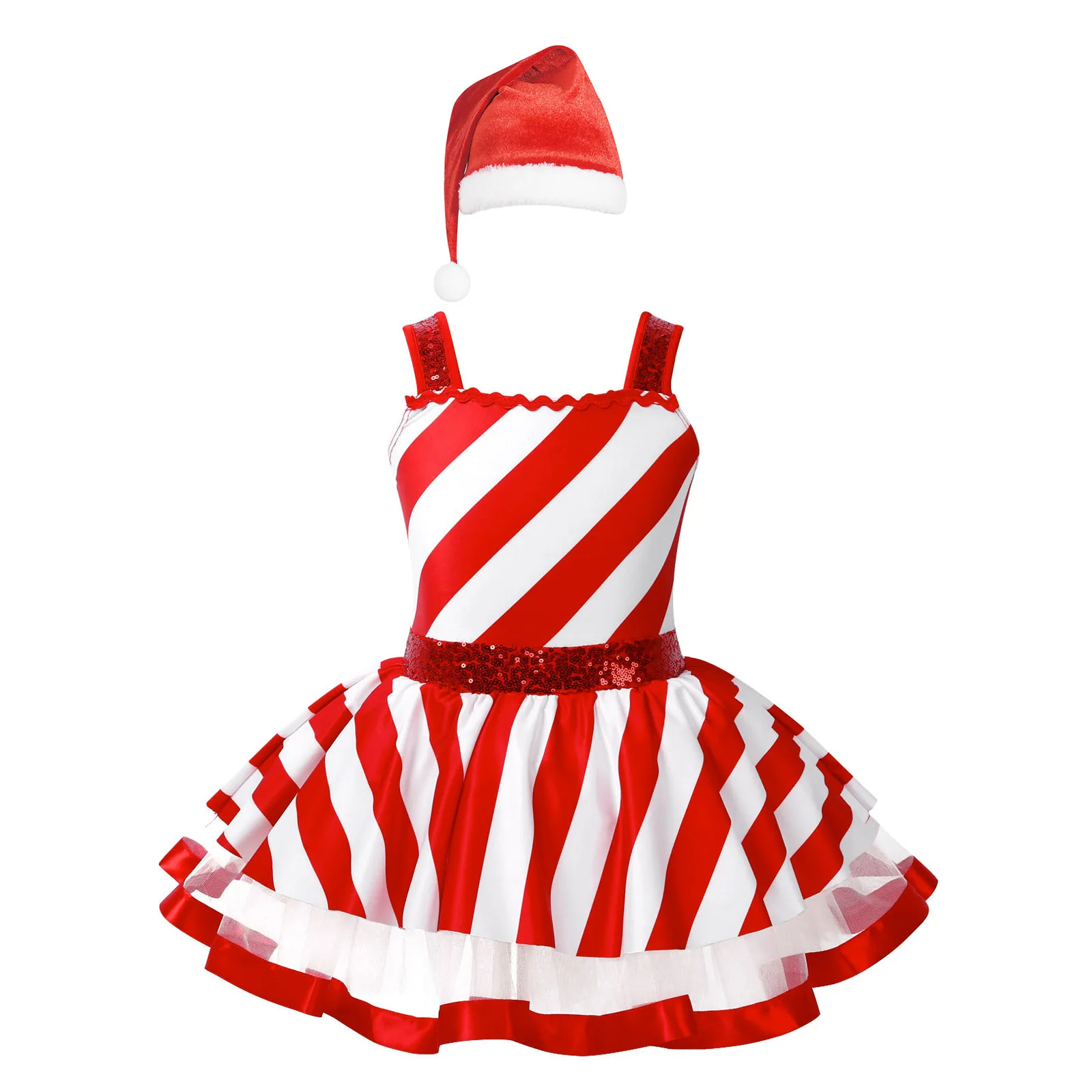 

Girls Christmas Ballet Dance Dress Sleeveless Sequin Candy Cane Tutu Leotard Dress New Year Elf Gymnastic Figure Skating Costume