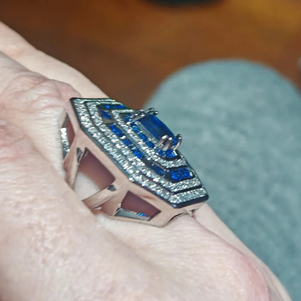 Luxurious Octagonal Halo Sapphire Ring - Royal Blue Cubic Zirconium Multi-layer Micro-set CZ Diamond Cocktail Ring