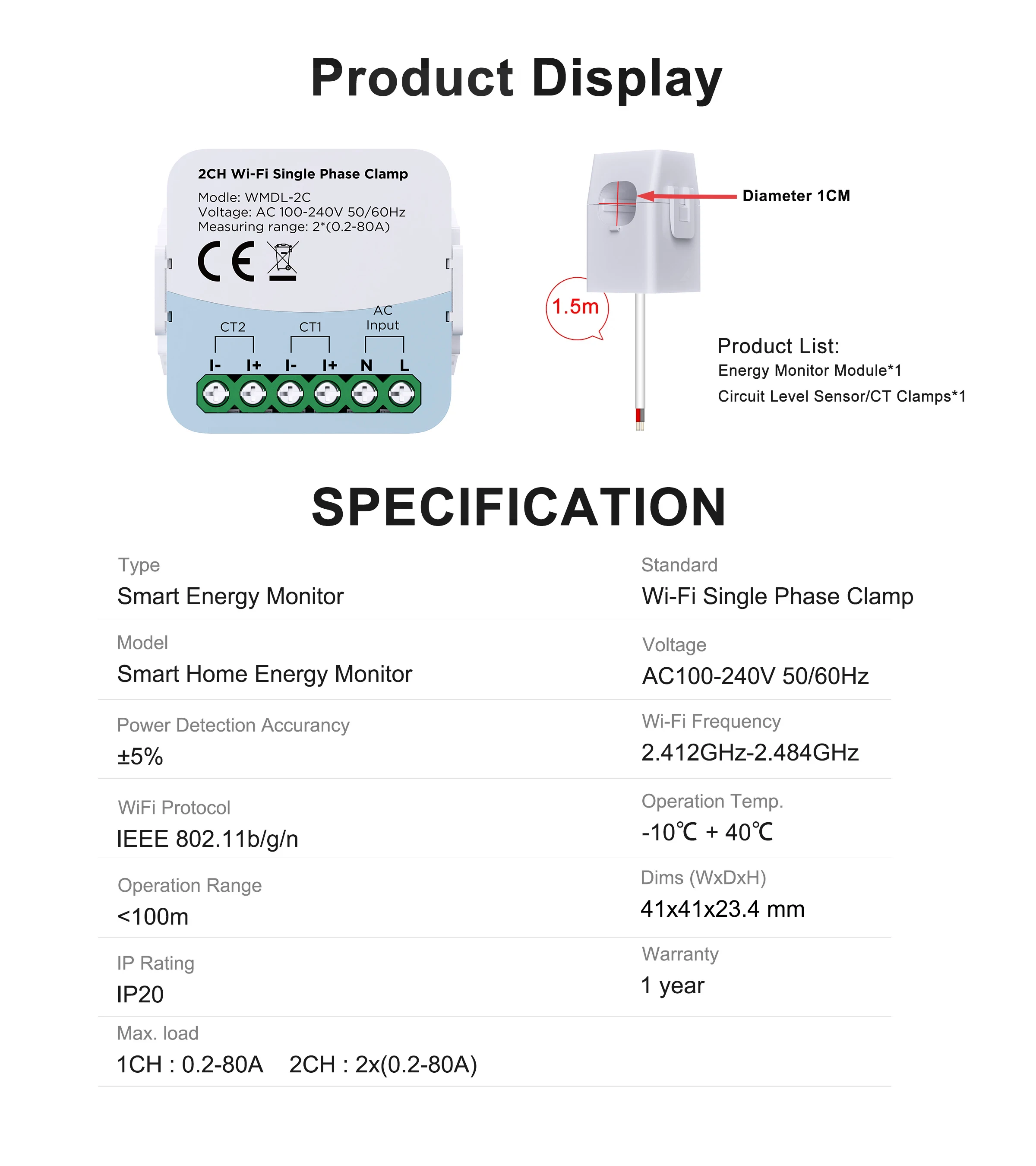 Tuya WIFI Smart Energy Meter Bidirection 2 Channel with Current Transformer Clamp App Monitor Power 80A 110V/240V