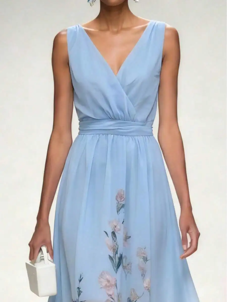 

Elegant Sleeveless V-Neck Floral Print A-Line Maxi Dress For Summer Prom