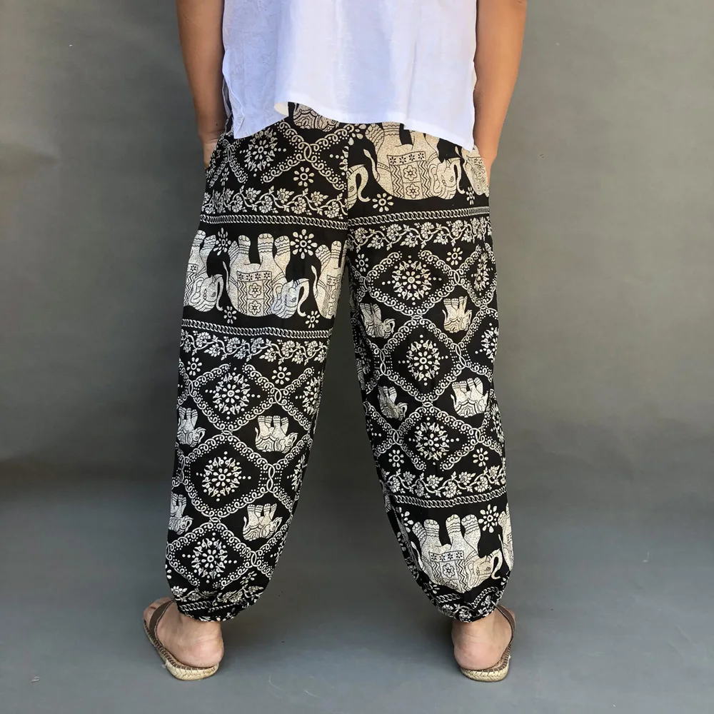 Fashion Men's Summer Beach Cotton Linen Pants Ethnic Printing Loose Fitting Wide-Leg Pants Bloomers Trousers Man Clothing