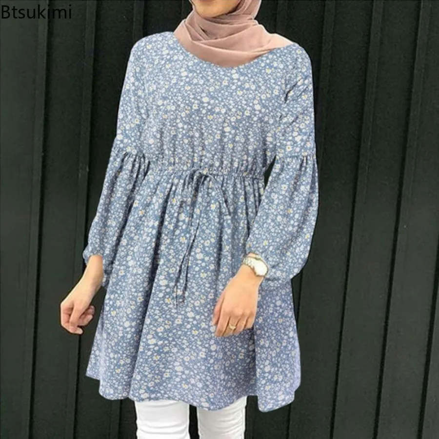 2024 Muslim Fashion Long-sleeved Casual Blouse Women\'s O-neck Floral Print Elegant Lace-up Tops Women Islamic Clothes Mini Dress