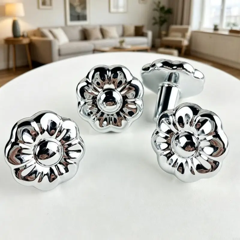 Round Flower Furniture Knobs, Bright Silver Metal Pulls in a Four-Piece Set, 32 mm Diameter for Drawer Fronts, Dressers and M4YD