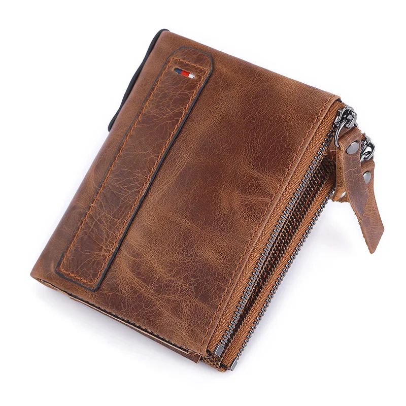 Cartera clásica para hombre, tarjetero corto de cuero de vaca auténtico, monedero de cuero para hombre, cartera masculina de diseñador de alta calidad con bolsillo con cremallera