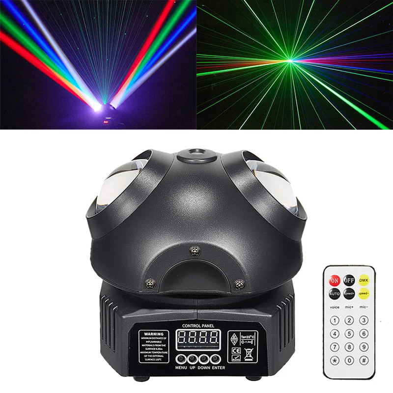 

Disco RGBW LED Beam Moving Head DMX512 Control Green Laser Effect Stage Lighting with Remote DJ Wedding Nightclub Party Lights