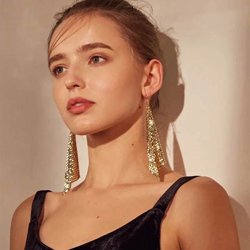 Faionable Long Square Geometric Metal Sequin Tassel Earrings Creative New Sle Women's Jewelry Accories