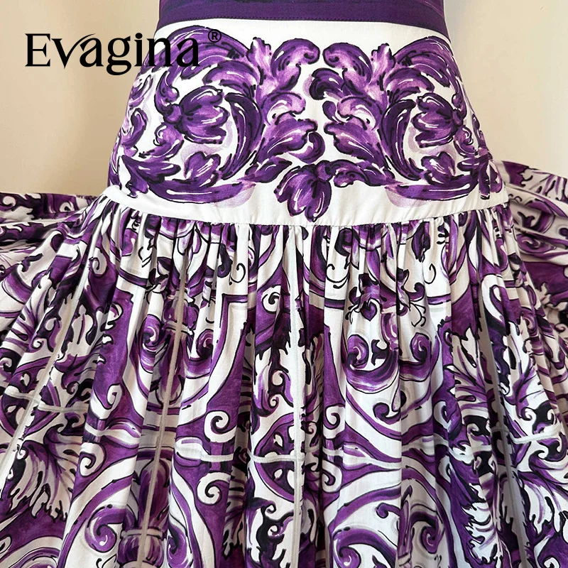 Evagina 2025 Otoño e Invierno Falda con volantes de viaje en la playa con estampado de cerámica púrpura Falda de cintura alta de algodón