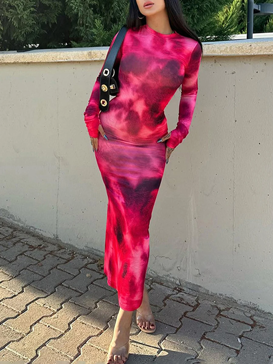 Nieuwe Mode Vrouwen Tie-Dye Lange Jurk Slanke Ronde Hals Lange Mouw Bodycon Jurk Met Duimgaten Voor Party club S-2XL