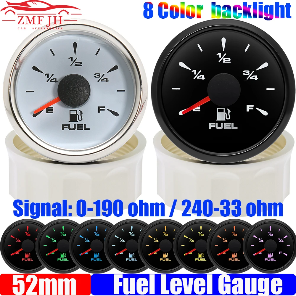 Universal Gasoline Car 52MM Fuel Level Gauge with 8 Color Light 0-190 Ohm Pointer Oil Tank Meter 240-33 Ohm Waterproof 12V 24V