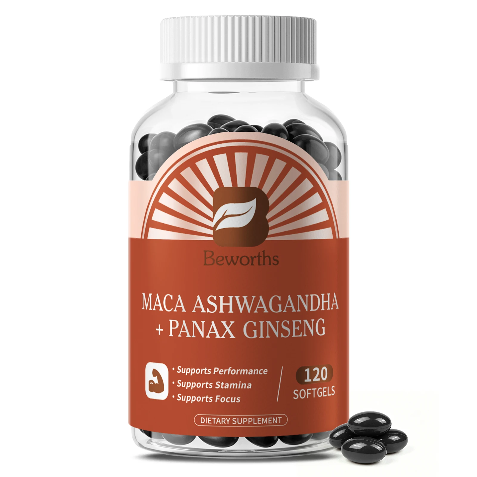 BEWORTHS 3 in 1 Maca Capsules wirh Korean Ginseng & Ashwagandha Extract Support Male Hormone Balance Relieve Physical Stress