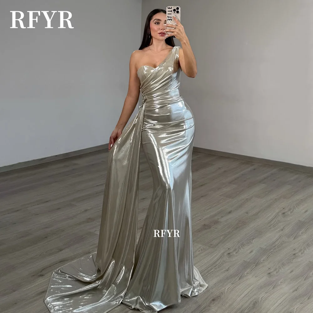 

RFYR Silver Evening Dress with Pleats One Shoulder Prom Dress Mermaid Party Dress with Side Train vestidos Customized