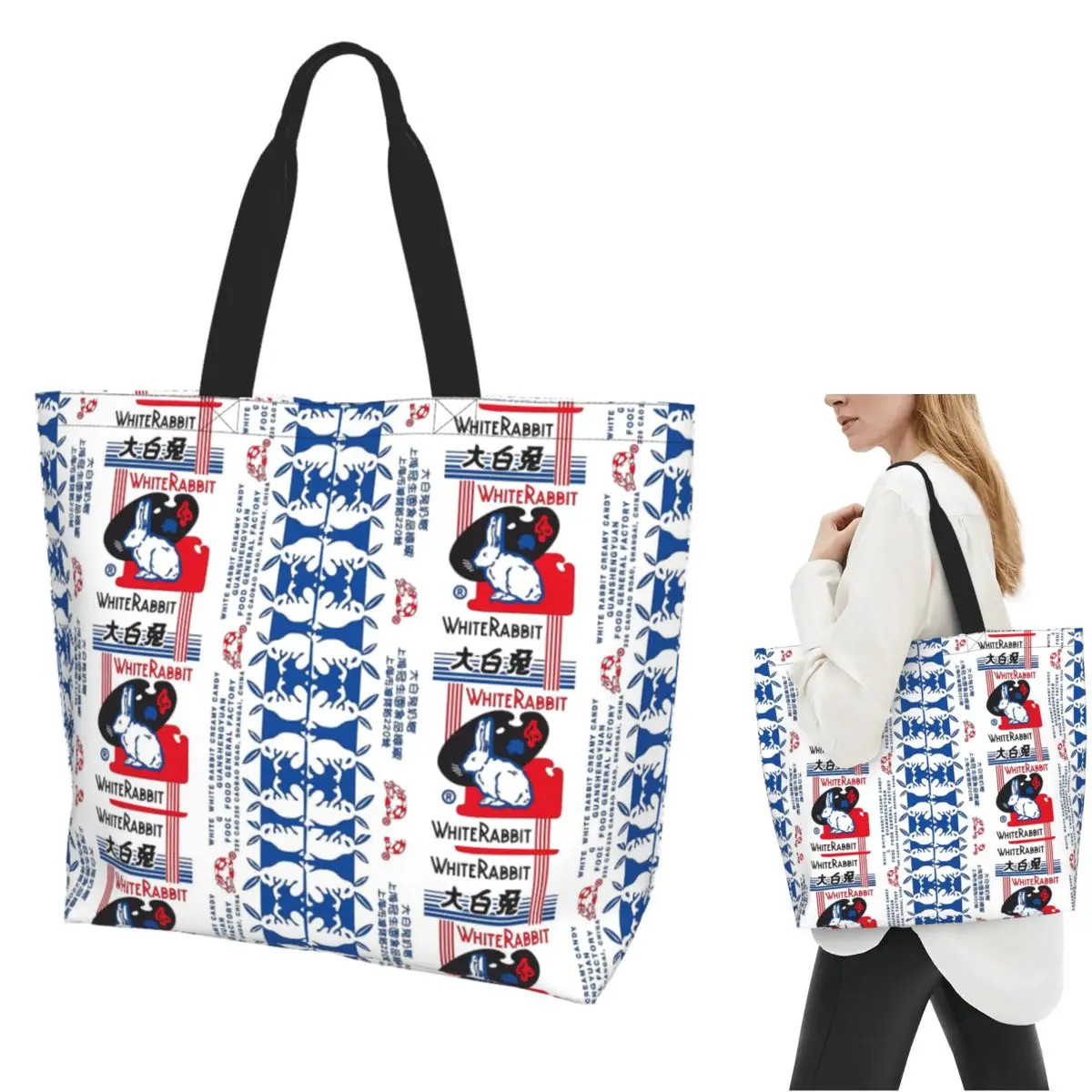 

White Rabbit Candy Shopping Tote Bag Canvas Large Capacity Shoulder Bags Shopper Grocery Handbag for Women