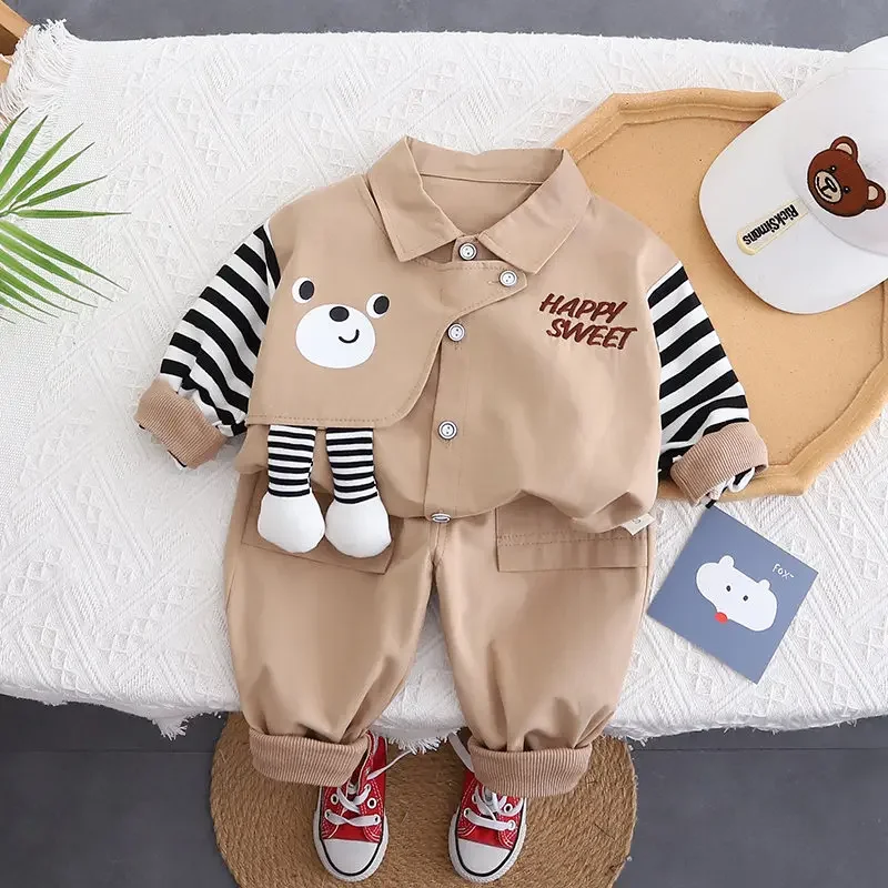 Autumn Spring Kids Boy Fashion Cartoon Bear Clothing Baby Suits Shirt Pants 2pcs/Set Children Clothes 1 2 3 4 5 Years