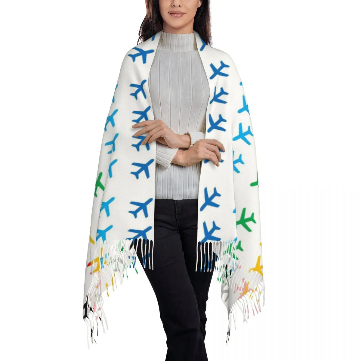 Random Airplanes Pattern Scarf Tassel Scarves Women Soft Warm Shawls and Wraps Long Fall Winter Shawl Wrap