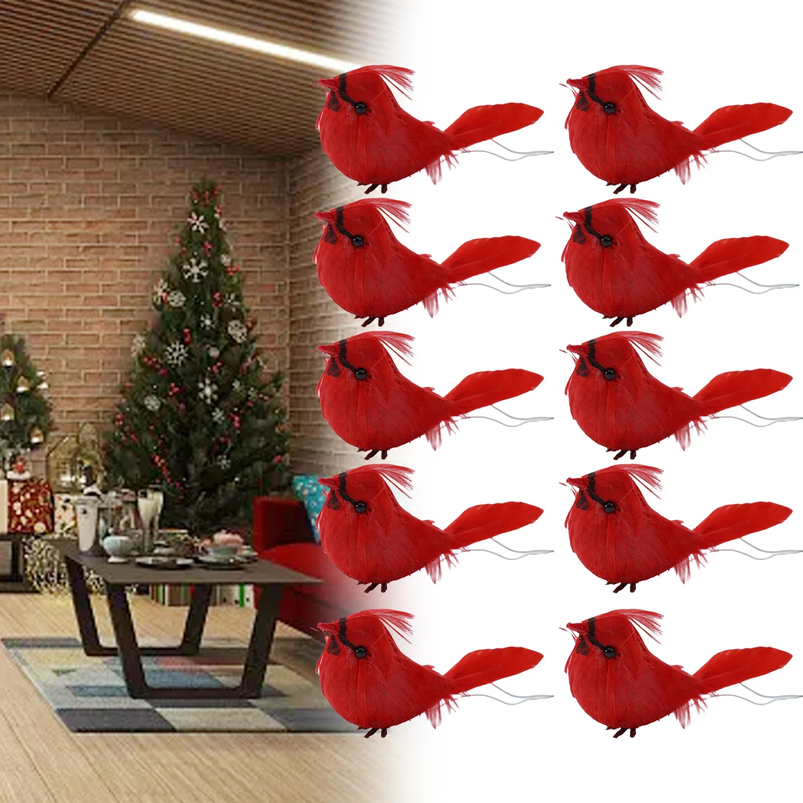 10pcs Artificial Red Birds Ornament Clip-on Cardinals Feathered Birds Christmas Tree Decoration Handmade Fake Bird Craft Pedent