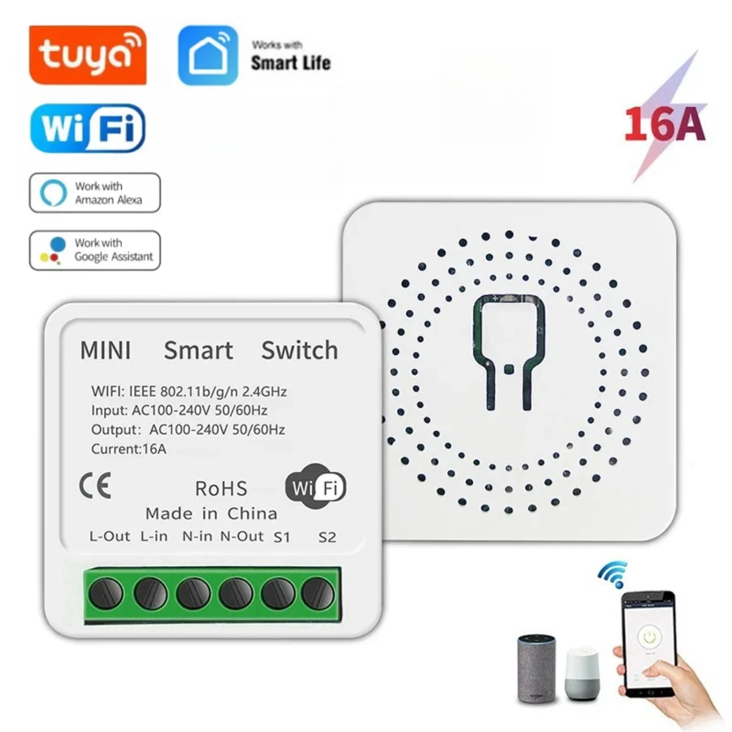 Mini 16A Wifi DIY Smart Life Automation 1-way Remote Control Timer Relay Compatible with Alexa