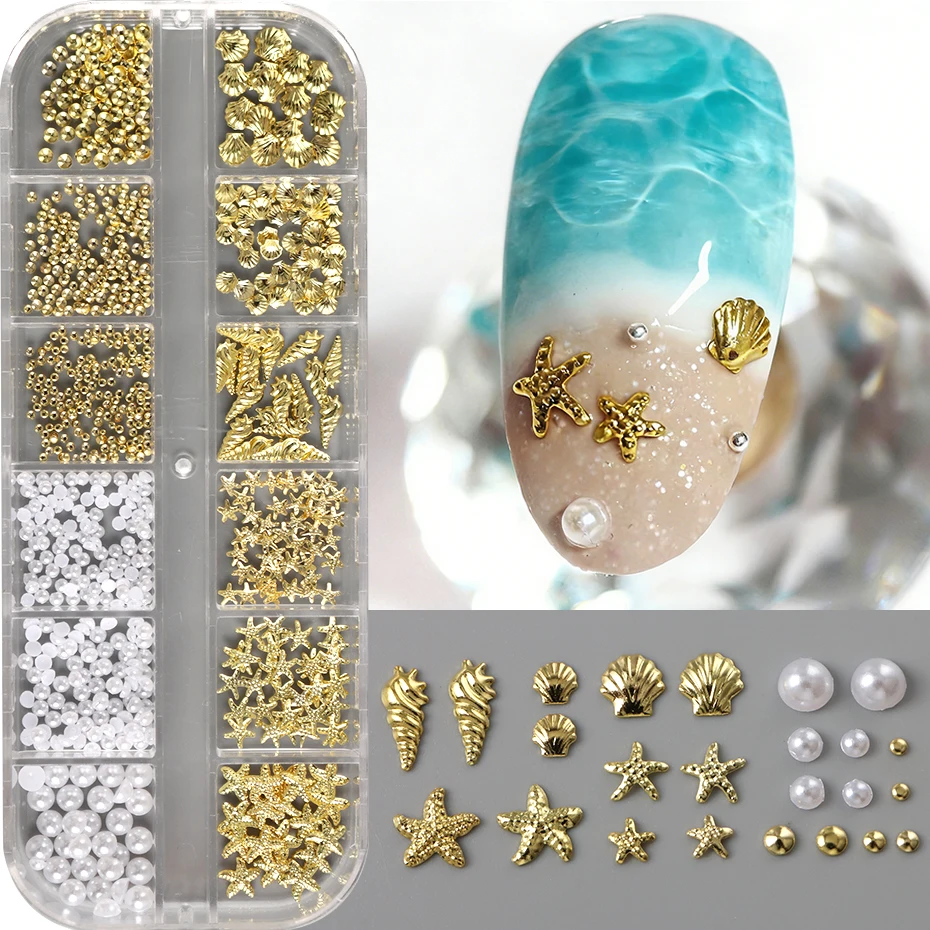 Adornos 3D para Uñas con Forma de Estrella de Mar Dorada, Conchas, Perlas, Caviar y Tachuelas Metálicas para Manicura de Verano