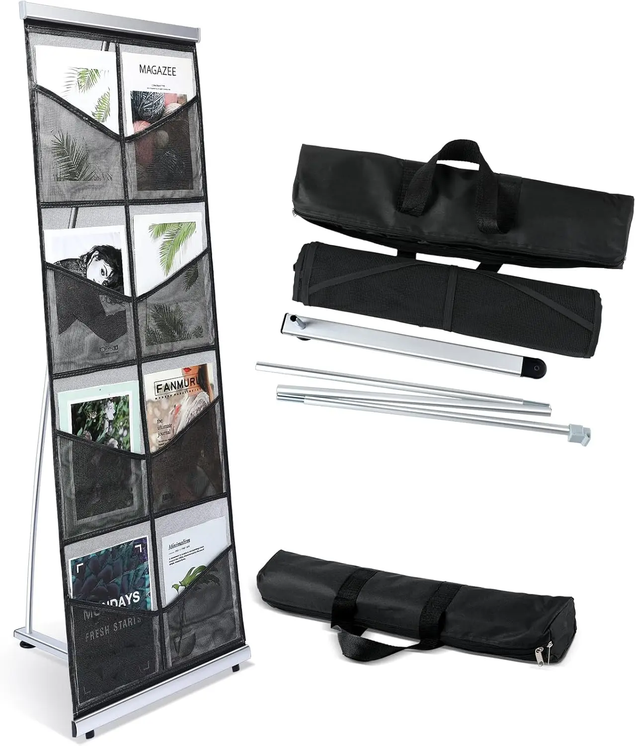 Mesh Literature Brochure Holder with 8 Pocket Portable Magazine Display Roll Up Magazine Rack Lightweight Floor Standing
