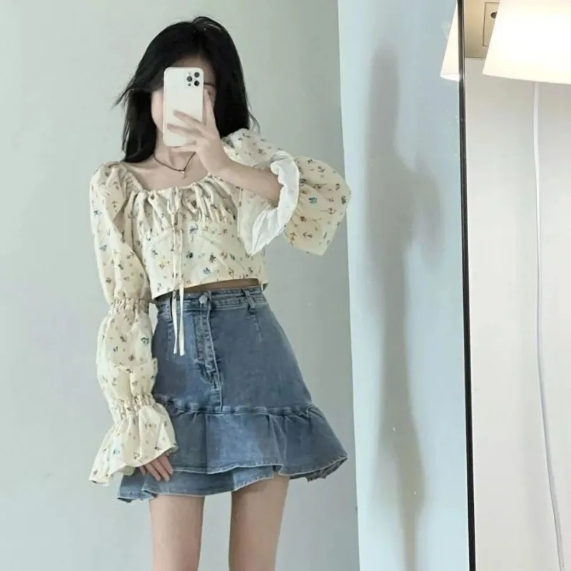 Denim Trumpet Skirts Women Preppy Style Solid Retro Cozy High Street Ulzzang Faldas De Mujer Female College Fashion Basic Summer