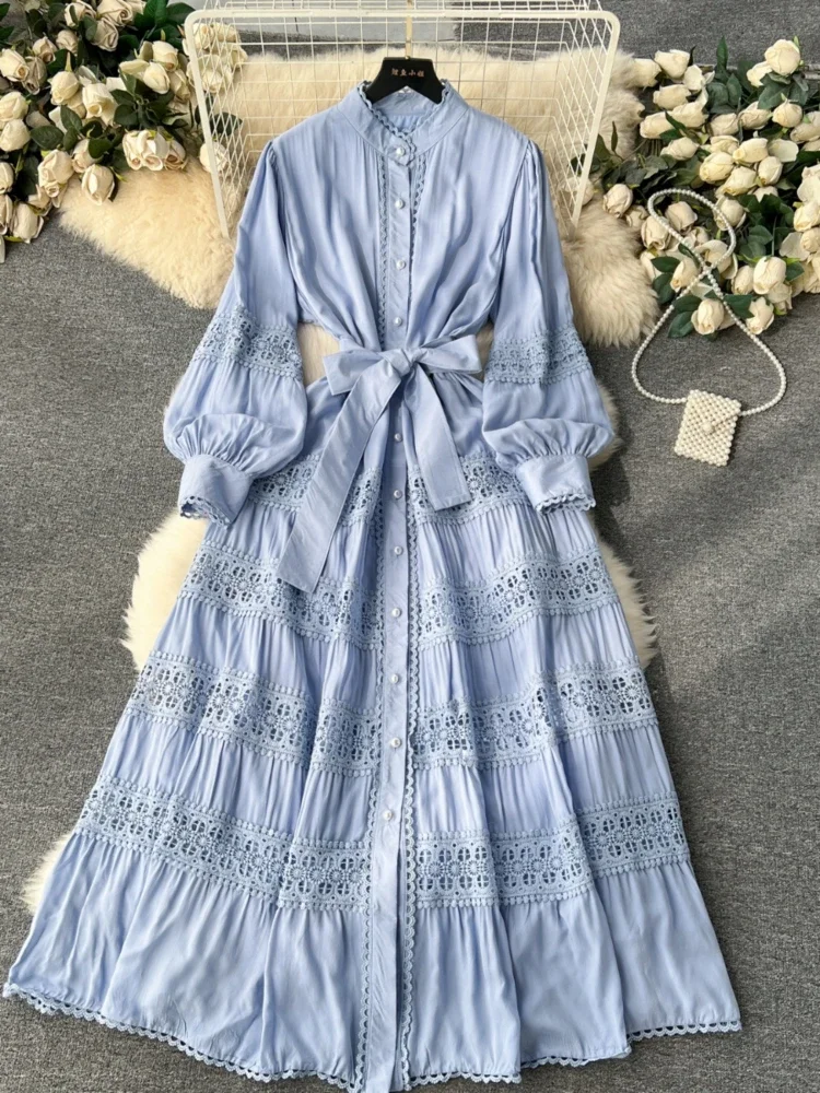 French Elegant Beach Dress Women Vintage Hollow Lace Patchwork Bubble Sleeve Long Dresses A-line Single Breasted Long Robe