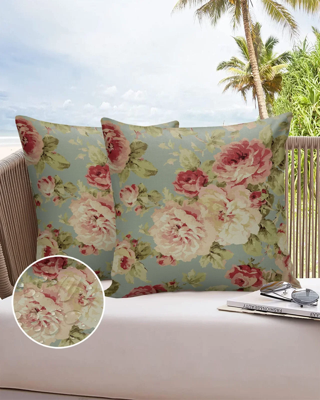 2/4PCS Outdoor Garden Chair Waterproof Cushion Cover Peony Flower Vintage Farmhouse Home Decor 40/45/50/60/66cm Pillow Case