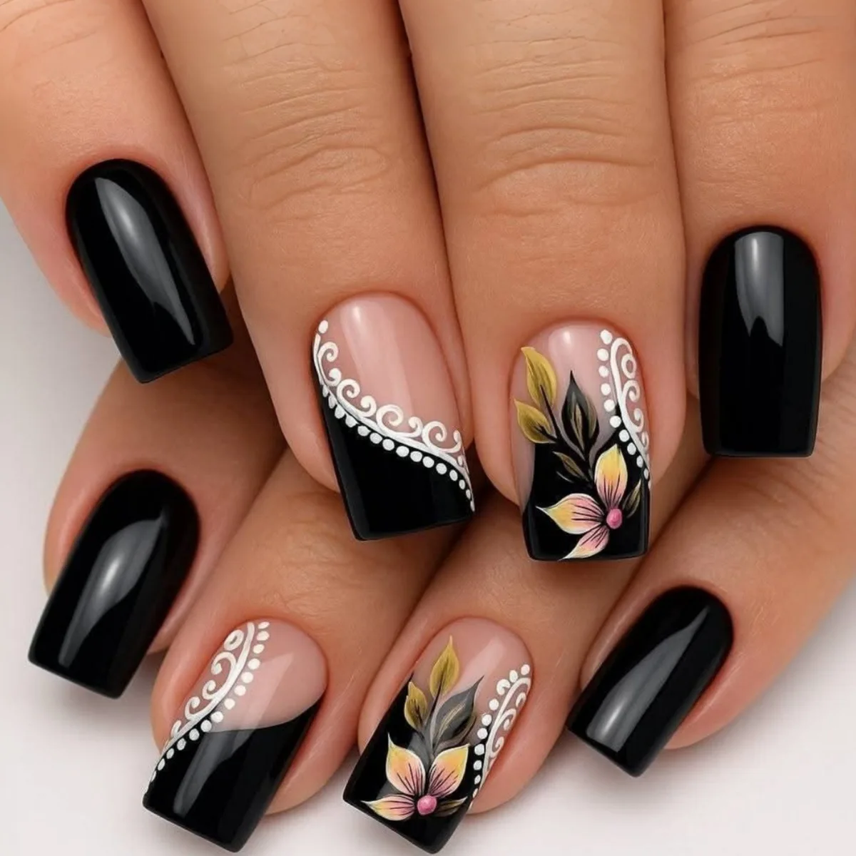 Mittellange künstliche Nägel für Frauen und Mädchen, Frühling, Sommer, Blumen, Schmetterling, Polka Dots, schwarz, blau, französische quadratische Nagelspitzen, Press-on-Nägel