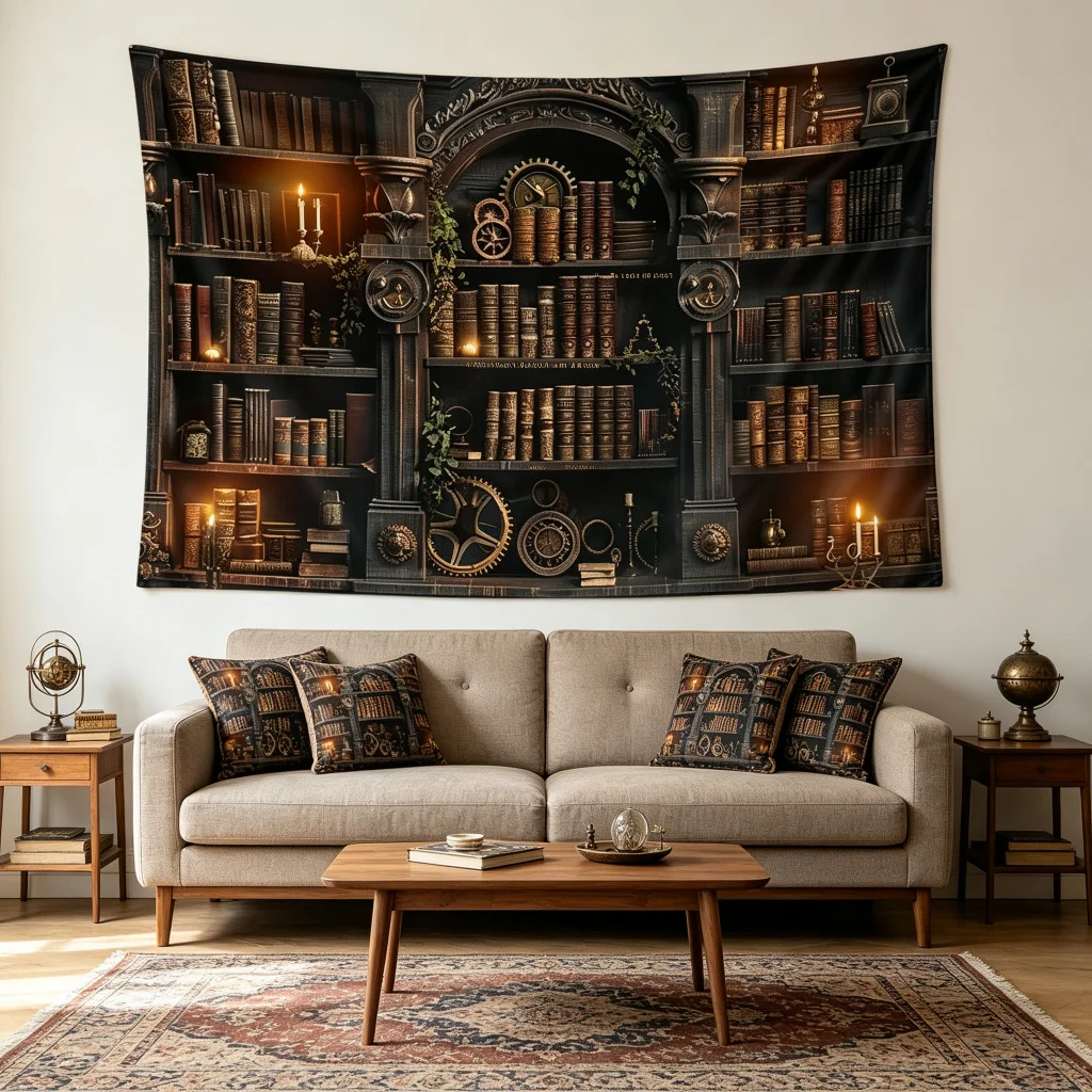 1PC Vintage Bookshelf Art Print Backdrop Banner, Bedroom Living Room Photo Background, Polyester, Home Decor, Wall Art