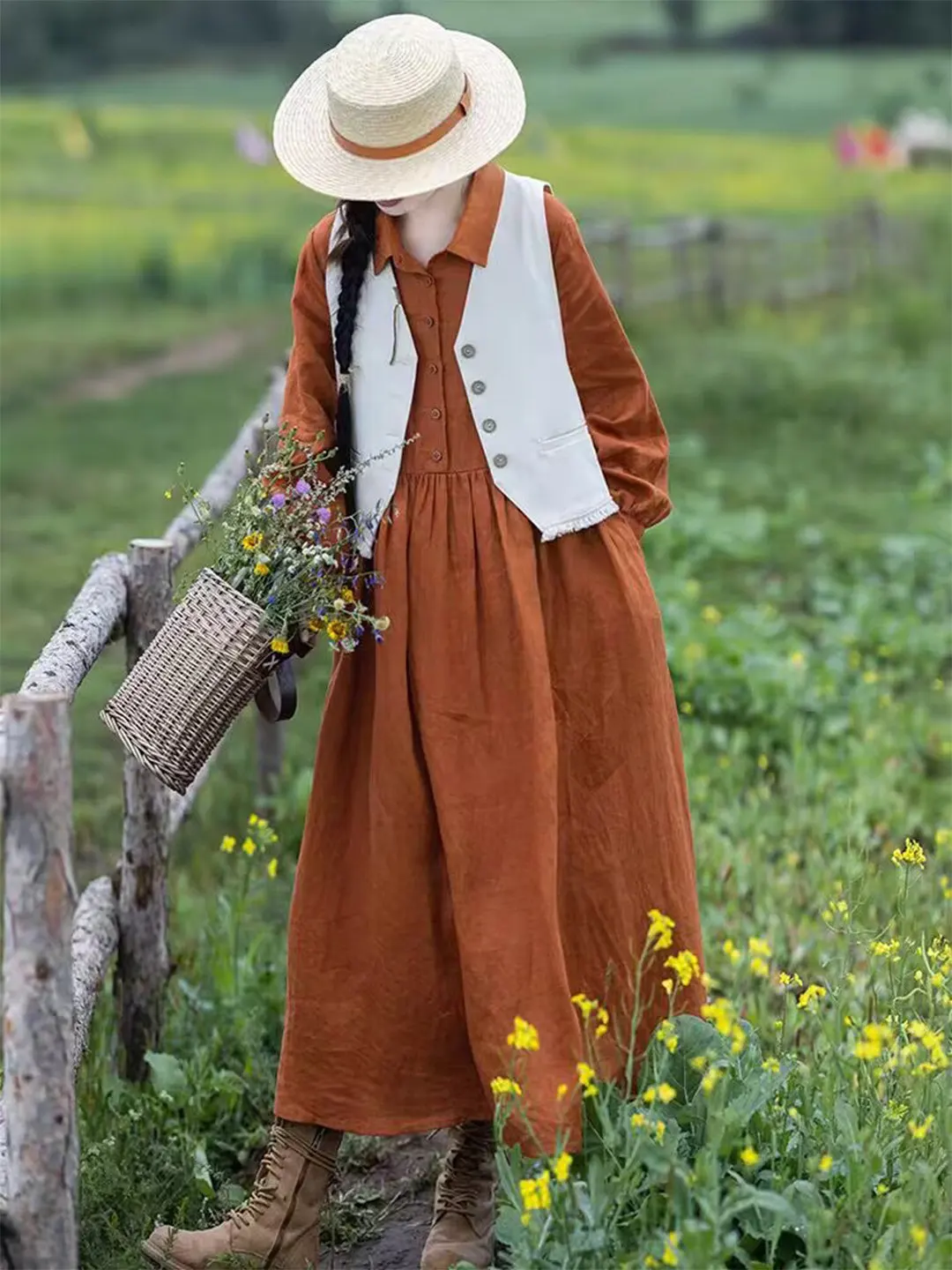 ชุดเดรสยาวผ้าลินินสีส้มสำหรับผ - Casual Loose Linen Shirt Dress บทวิจารณ์และราคา