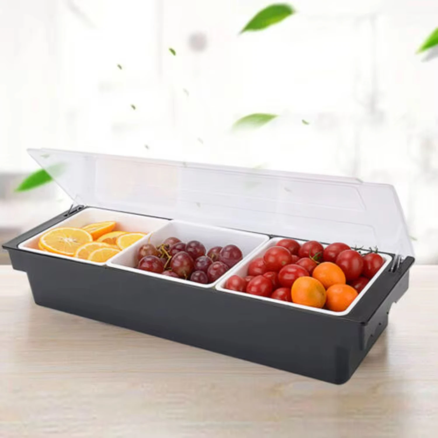 

Black Plastic Fruit Tray Box Top 3 Compartment Condiment Dispenser Food-grade Flip Lid & Partition Design