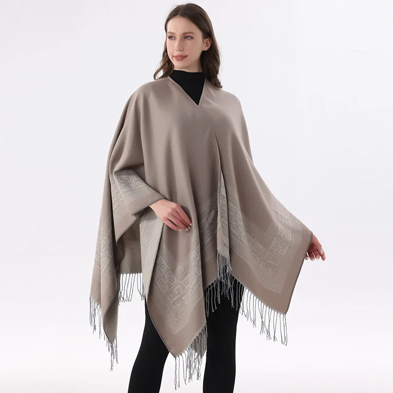 New tassel shawl, warm cape layering, versatile solid-color scarf for export