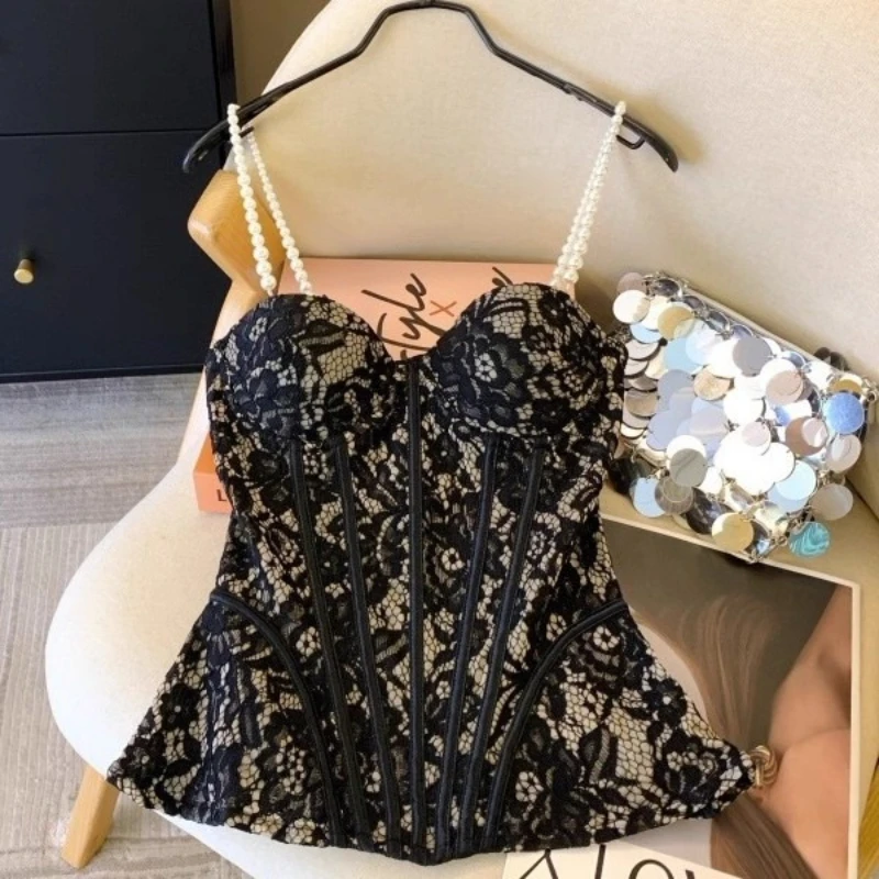 

Women's Elegant Pearls Chain Lace Floral Slim Fishbone Camisole Top Lady Spring Summer Elegant Solid Color Short Basic Camsiole