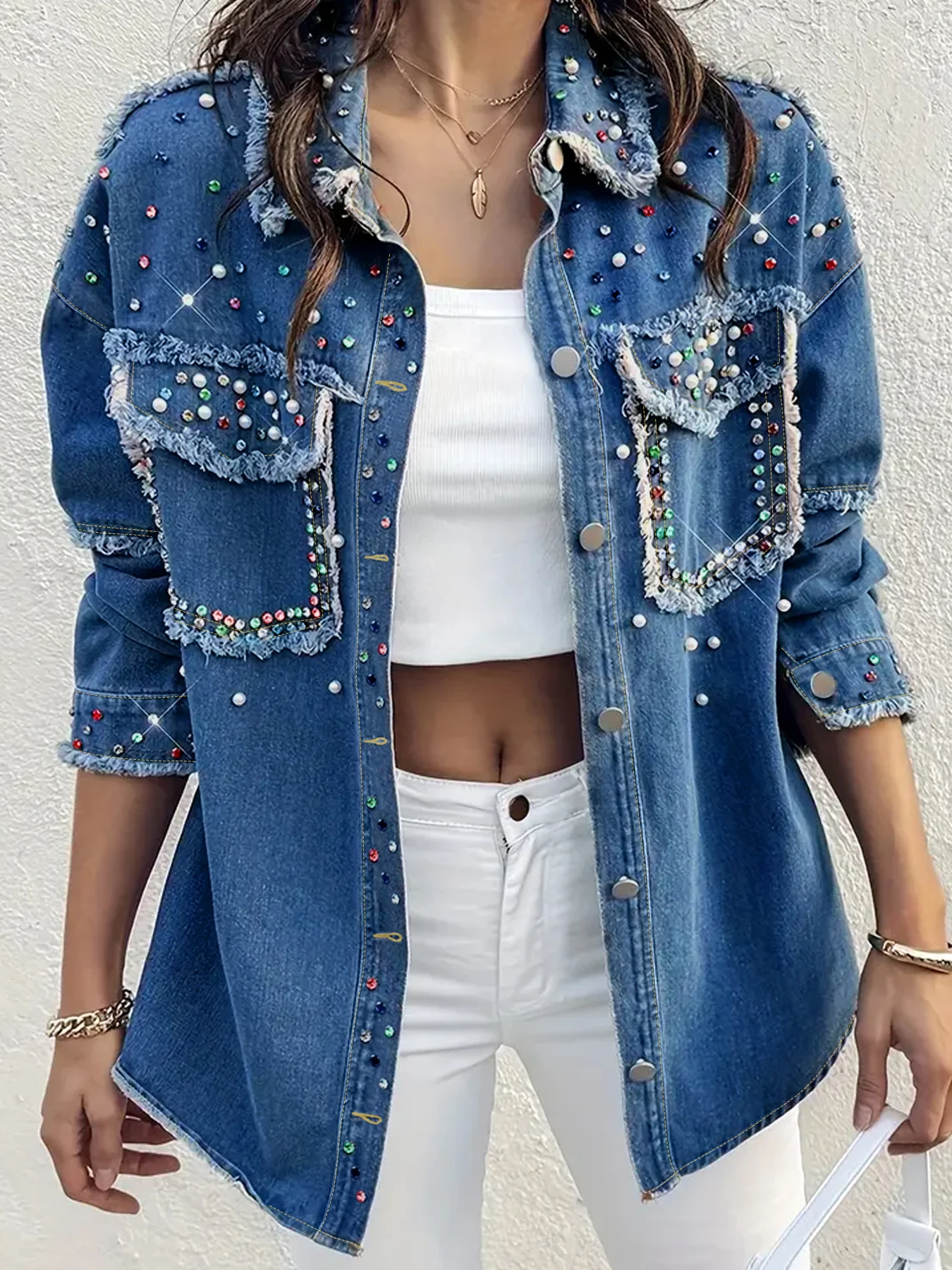 Veste en jean ample pour femme, grande taille, avec strass et perles, décontractée, délavée, grande taille