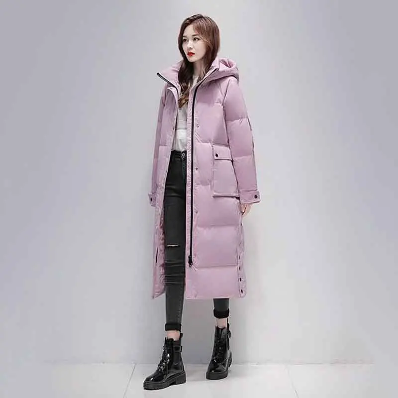 Fashion Down Women's Knee-length Loose Warm Grey Down 2022 Winter New Hooded Joker Pocket Casual Coat Wome