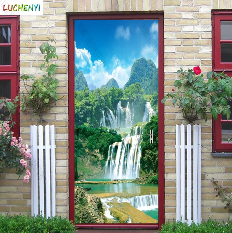 

Papel de parede waterfall mountain peak tree sun flow waterlandscape door sticker bedroom door wallpaper mural , home decoration