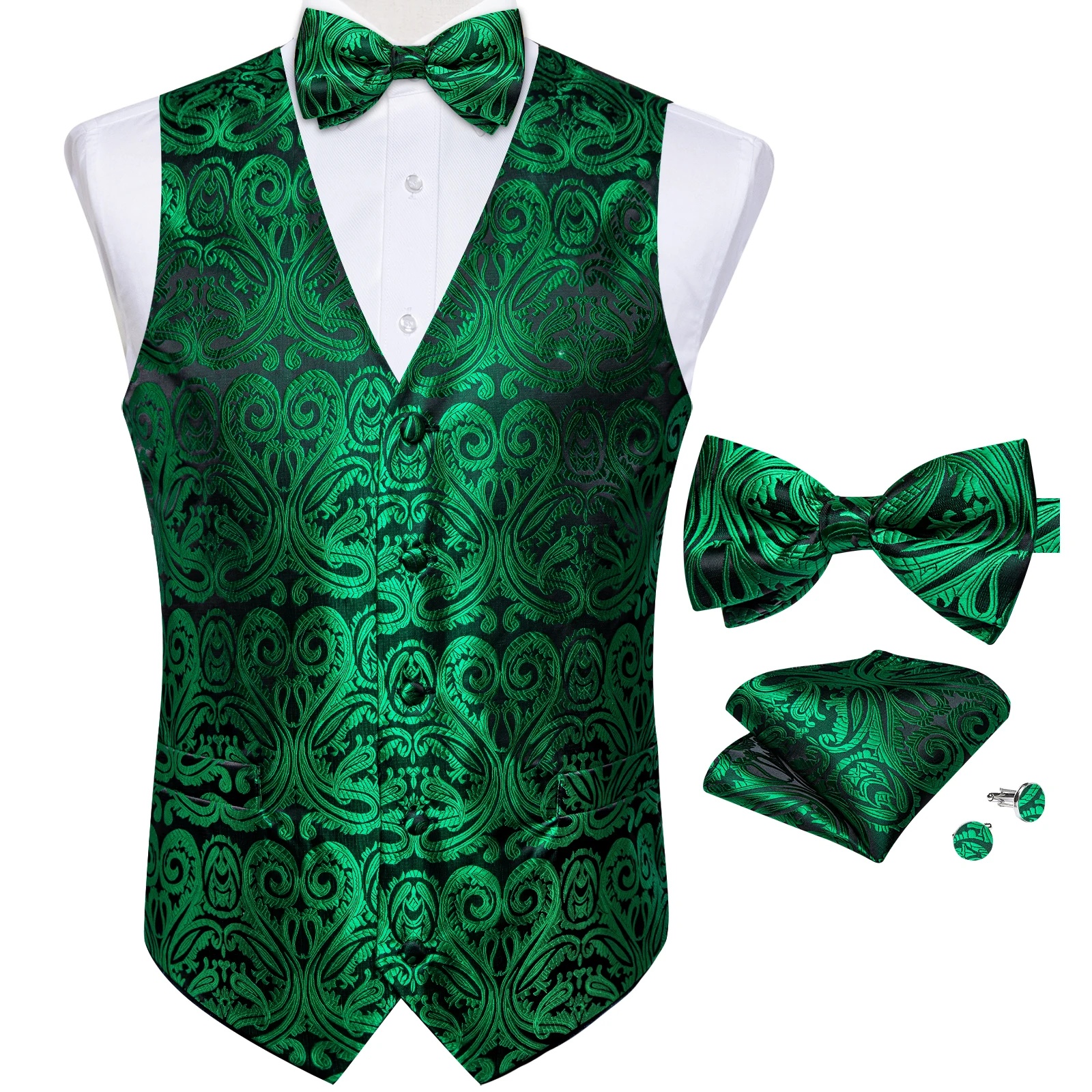 

Silk Paisley Vest for Man Dress Tuxedo Accessory Fashion Men's Green Waistcoat Handkerchief Cufflinks Bowtie Vests Business Poem