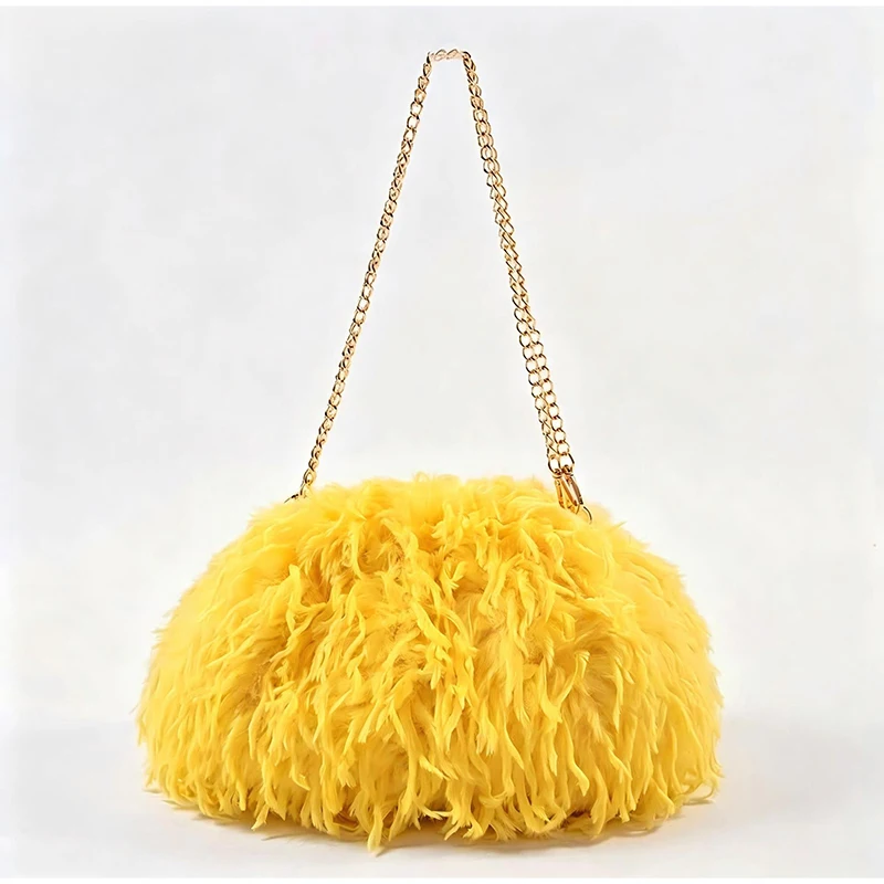 Lockige, flauschige Kunstfeder-Plüsch-Umhängetasche mit Kette, Damen-Clutch mit Falten-Design für Partys und Abendveranstaltungen, Herbst/Winter – Detail 13