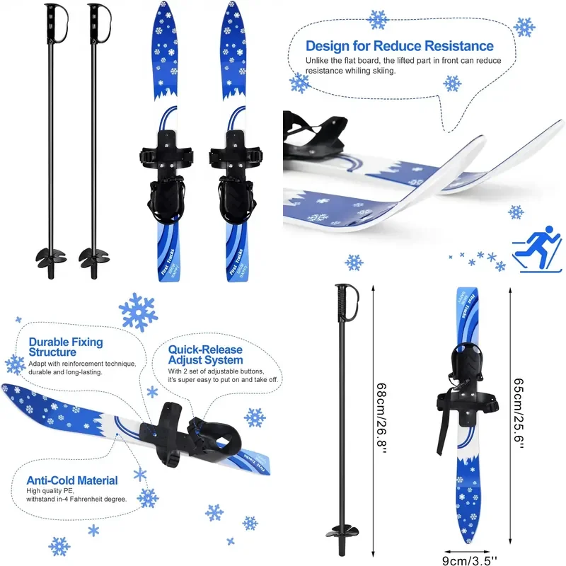 Child Beginner Snow Skis Poles Bindings Low-Resistant Ski Boards 4 Lightweight Sturdy Safe Polyethylene (PE) Skiing