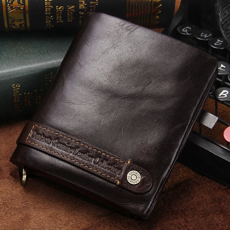 CONTACT'S 100% Genuine Leather RFID Men Wallet Zipper Retro Coin Purse Male Bifold  Card Holder Wallet