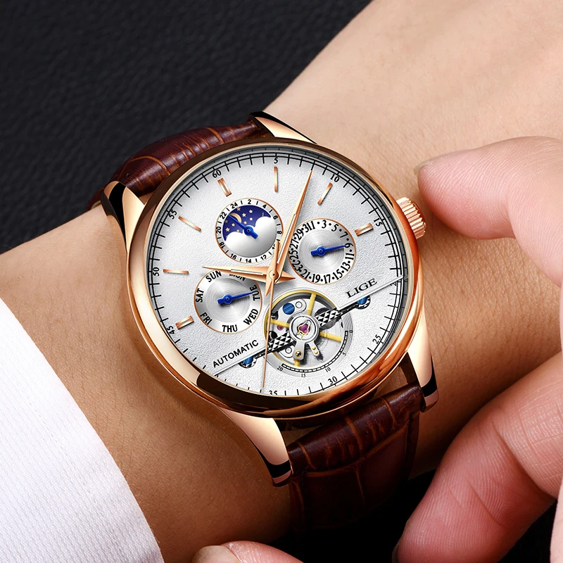 Relojes LIGE 2024 para Hombre, reloj mecánico automático Tourbillon, reloj deportivo de cuero, reloj de pulsera Retro informal de negocios, Relojes