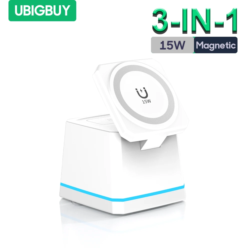 

Ubigbuy 15W Wireless Charger Stand 3 in 1 Cube with Magnetic Wireless Fast Charging for iPhone 15/14/13/12 iWatch Airpods Series