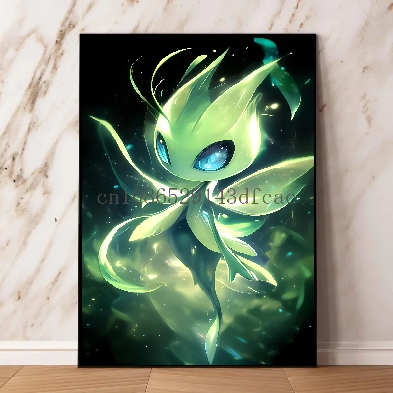 Japanese Anime Peripheral Pokemon Poster Decor Celebi Picture Wall Art Watercolor Canvas Painting Modern Room Decor Kids Gifts