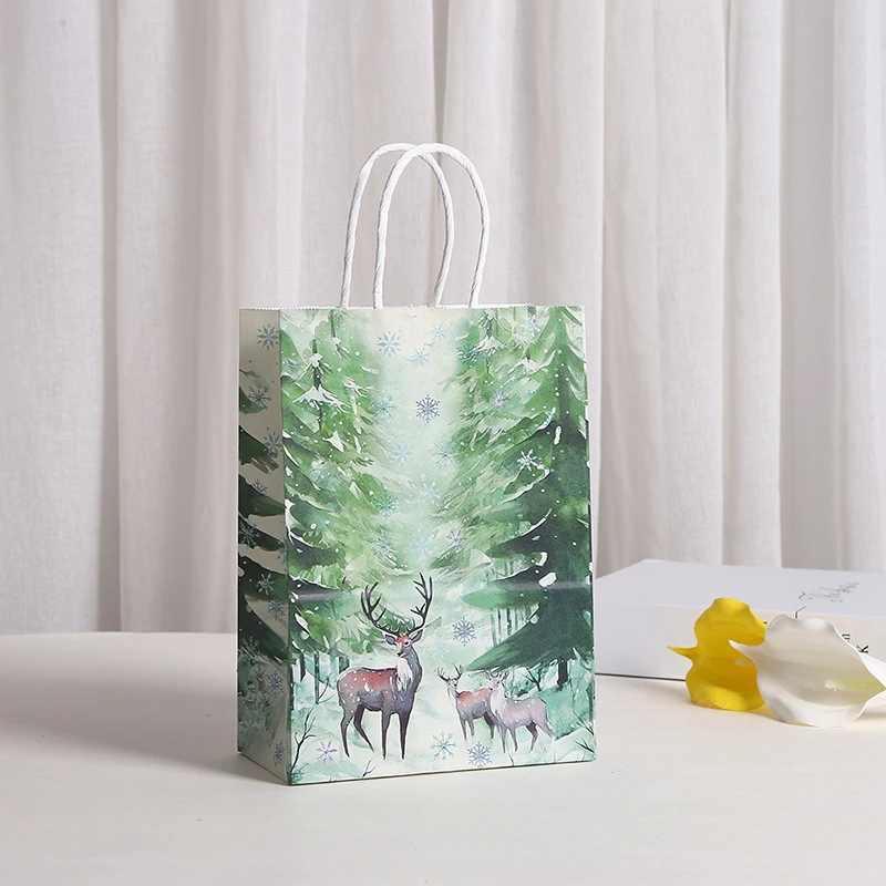 Merry Christmas Gift Bag Suitable for Carrying Party Reindeer Snowflakes Christmas Trees Kraft Paper Candy Gift Packaging Bag