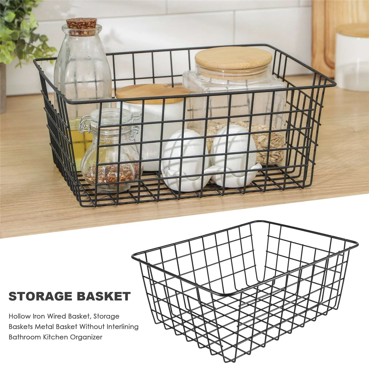 Ferro oco Wired Storage Basket, Metal Basket sem Interlining, Banheiro e Cozinha Organizer, Black