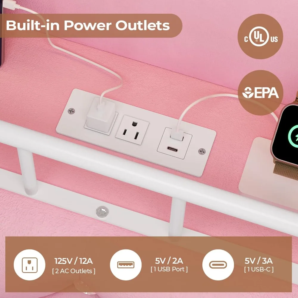 إطار سرير مزدوج المظلة مع أضواء LED ومحطة شحن، سرير بمنصة منجدة مخملية للفتيات، لوح رأسي مع Ch