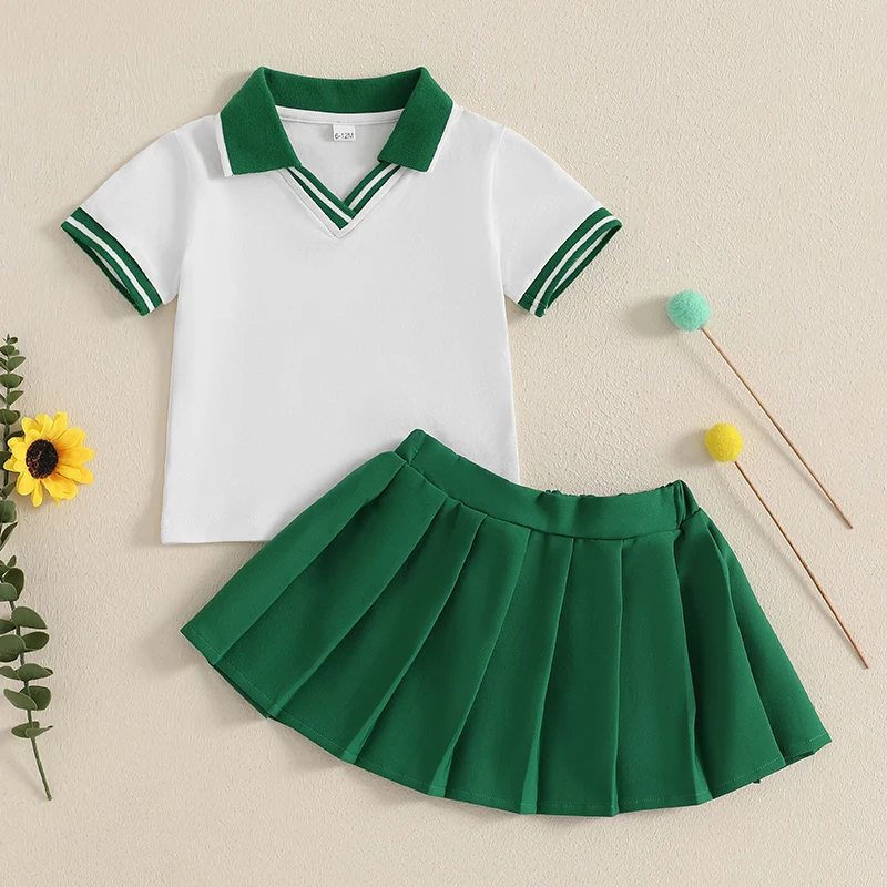 1-4Y Kids Girls Summer Outfits Contrast Colors Short Sleeve T-Shirt Elastic Pleated Skirt Set Cute 2 Piece School Clothing
