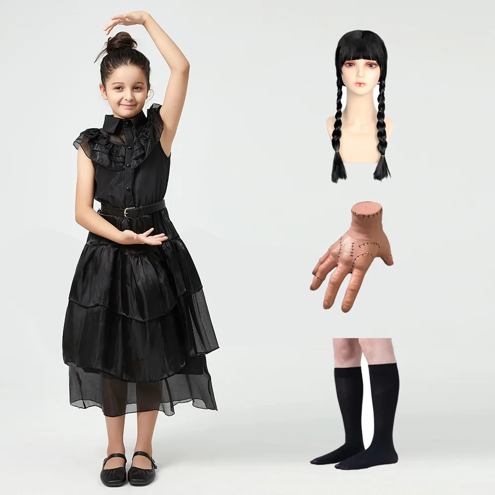 Wednesday Addams Costume Girl Women Halloween Black Family Clothes Birthday Party Cosplay Costume Fantasy Princess Dress Wig