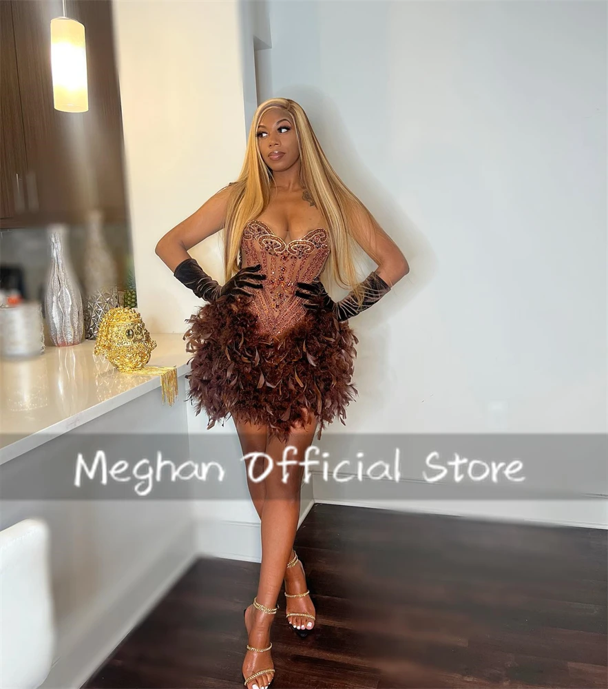 Chocolate Brown Beaded Crystal Short Prom Dresses Feathers 2024 Birthday Luxury Dress With Glove Mini Cocktail Dress Customized