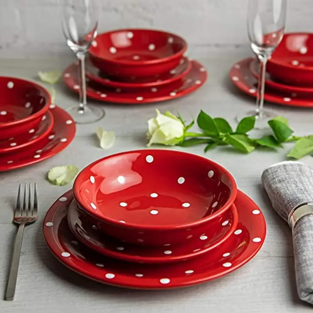 Handmade Ceramic Dinnerware Set Red White Polka Dot Tableware Service 4 Wedding Gift Kitchen Decor