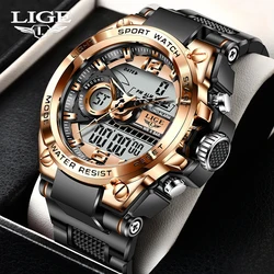 LIGE Men Dive Sports Digital watch Mens Watches Military Army Luxury Steel Business Chronograph Silicone Strap Waterproof 50ATM
