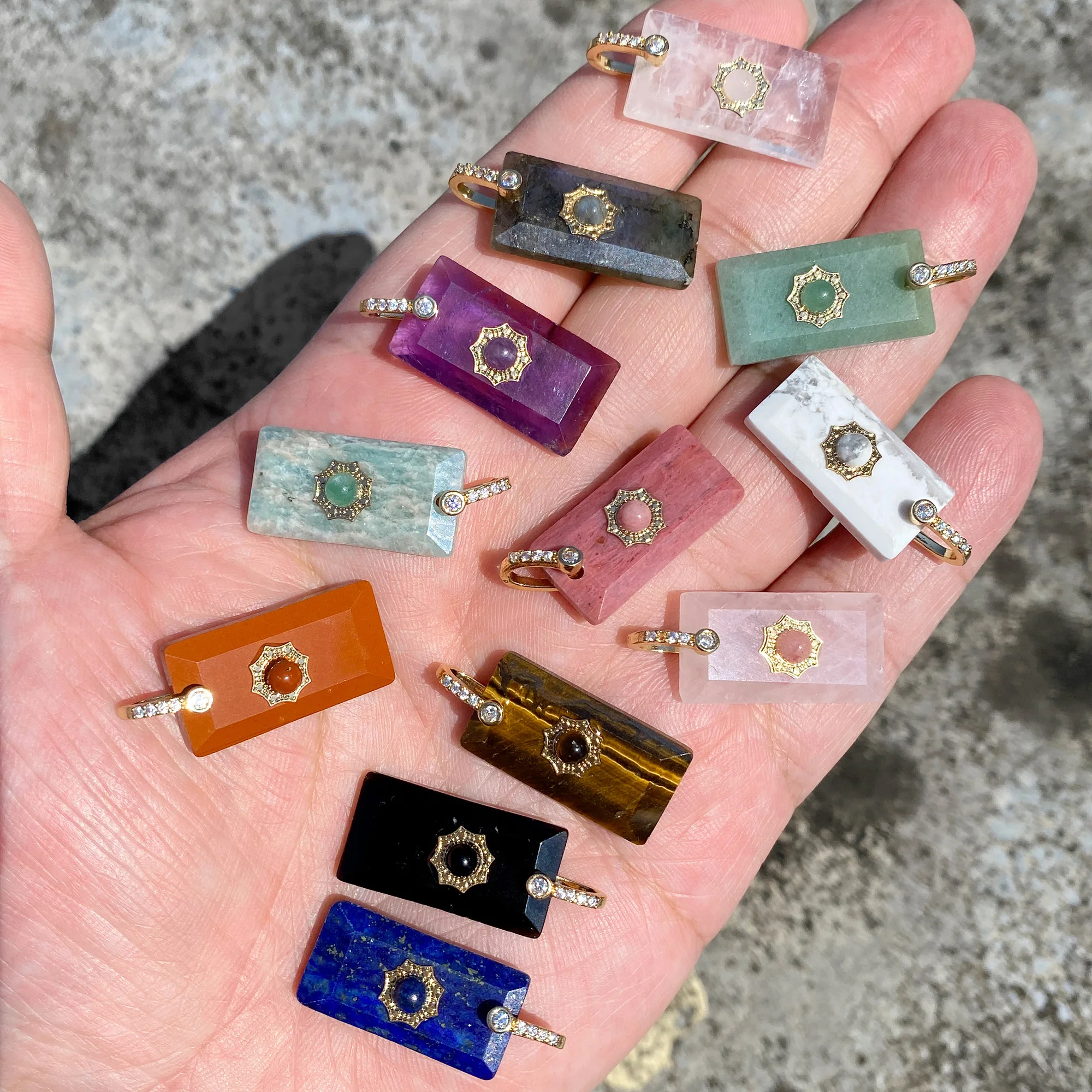 2pcs Natural Stone Charms Rectangular Necklace Pendant DIY Jewelry Sun Shape Pattern Design Accessories 13X25MM